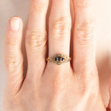 Anello vintage in oro giallo 9K con zaffiri (0.15ctw ca.) e diamanti (0.12ctw ca.), anni ‘80
