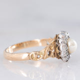 Anello a margherita antico in oro giallo 14K e argento con perla bianca e diamanti di taglio rosetta (0.13ctw ca.), primi del ‘900