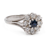Anello vintage in oro bianco 18k con zaffiro (0,25ct) e diamanti (0,64ctw), anni '60