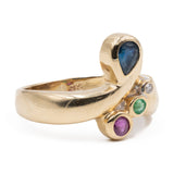 Anello vintage in oro giallo 14k con zaffiro, rubino, smeraldo e diamante. Anni '70
