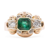 Anello vintage in oro giallo 14k con smeraldo (1,10ct) e diamanti (0,16ctw), anni '40/'50