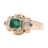 Anello vintage in oro giallo 14k con smeraldo (1,10ct) e diamanti (0,16ctw), anni '40/'50