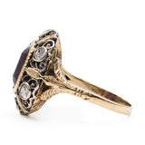 Anello vintage in stile antico in oro giallo 18K e argento con zaffiro porpora sintetico e diamanti di taglio rosetta