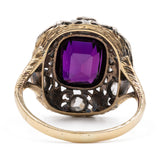 Anello vintage in stile antico in oro giallo 18K e argento con zaffiro porpora sintetico e diamanti di taglio rosetta