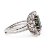 Anello vintage a margherita in oro bianco 14k con zaffiro (2,80ct) e diamanti (0,80ctw), anni '70