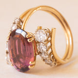 Anello bypass vintage in oro giallo 18K con tormalina rosa (4ct ca.) e diamanti di taglio brillante (0.90ctw ca.), anni ‘80