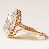 Anello a margherita vintage in oro giallo e bianco 9K con quarzo verde e diamanti, anni ‘70/‘80