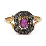 Anello vintage in oro giallo 18k con rubino e rosette di diamante, anni '50