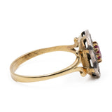 Anello vintage in oro giallo 18k con rubino e rosette di diamante, anni '50
