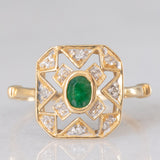 Anello vintage in oro giallo 18K con smeraldo (0.13ct ca.) e diamanti, anni ‘70/‘80