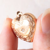 Ciondolo portafoto a forma di cuore in oro giallo 9K con diamante, anni ‘50