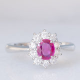 Anello a margherita vintage in platino con rubino (0.33ct) e diamanti (0.57ctw), anni ‘70