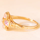 Anello vintage in oro giallo 9K con zirconi cubici rosa e viola e con zircone cubico bianco, anni ‘60/‘70