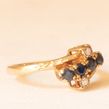 Anello bypass vintage in oro giallo 9K con zaffiri (0.32ctw ca.) e diamanti (0.04ctw ca.), anno 1981