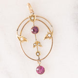 Pendente antico lavalier in oro giallo 9K con tormaline rosa (0.40ctw ca.) e perline bianche, anni ‘10/‘20
