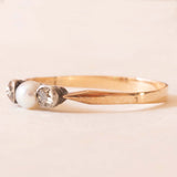 Trilogy antico in oro giallo 14K e argento con diamanti di taglio vecchia miniera (0.20ctw ca.) e perla, primi del ‘900