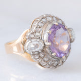 Anello a margherita vintage in stile antico in oro giallo 18K e argento con ametista (3ct ca.) e diamanti di taglio rosetta (0.70ctw ca.), anni ‘40/‘50