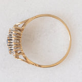 Anello vintage in oro giallo 9K con zaffiri (0.20ctw ca.) e diamanti (0.18ctw ca.), anni ‘70/‘80