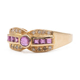 Anello vintage in oro giallo 14k con rubini e diamanti (0,08ctw)