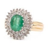 Anello vintage a margherita in oro giallo 14k con smeraldo (1.70ct) e diamanti (0.84ctw), anni '70