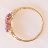 Anello vintage in oro giallo e bianco 14K con rubini e diamante, anni ‘70