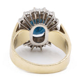 Anello vintage a margherita in oro giallo e bianco 14k con zaffiro (1,50ct) e diamanti (0,70ctw), anni '70