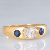 Trilogy gypsy vintage in oro giallo 18K con diamante (0.35ct ca.) e zaffiri (0.36ctw ca.), anni ‘50/‘60