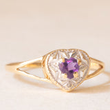 Anello vintage in oro giallo e bianco 9K con ametista (0.24ct ca.) e diamante, anni ‘70/‘80
