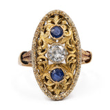 Anello vintage in oro giallo 18k con zaffiri (0,30ctw) e diamante (0,30ct), anni '50