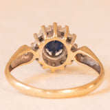 Anello a margherita vintage in oro giallo 9K con zaffiro (0.35ct ca.) e diamanti (0.14ctw ca.), anni ‘70/‘80