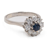 Anello vintage a margherita in oro bianco 14k con zaffiro (0,30ct) e diamanti (0,80ctw)