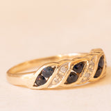 Anello vintage in oro giallo 9K con zaffiri (0.32ctw ca.) e diamanti (0.06ctw ca.), anno 1994