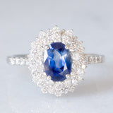 Anello a margherita vintage in platino con zaffiro (1.20ct) e diamanti (0.80ctw), anni ‘90