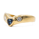 Anello vintage a "V" in oro giallo 14k con zaffiro e diamanti (0,15ctw), anni '70