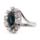 Anello vintage a margherita in oro bianco 14k con zaffiro marquise (1ct) e diamanti (0,60ctw), anni '70