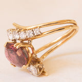 Anello bypass vintage in oro giallo 18K con tormalina rosa (4ct ca.) e diamanti di taglio brillante (0.90ctw ca.), anni ‘80