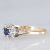 Anello a margherita vintage in oro giallo 9K con zaffiro (0.10ct ca.) e diamanti (0.08ctw ca.), anno 1987