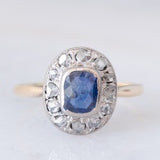 Anello a margherita antico in oro giallo 18K e argento con zaffiro e diamanti di taglio rosetta, anni ‘10/‘20