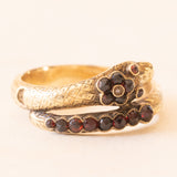 Anello a serpente antico in oro giallo 14K con granati e perlina bianca, primi del ‘900