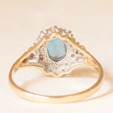 Anello a margherita vintage in oro giallo e bianco 9K con spinello sintetico azzurro (1ct ca.) e diamanti (0.05ctw ca.), anni ‘90
