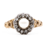 Anello antico in oro giallo 14k con perla e rosette, primi del '900