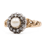 Anello antico in oro giallo 14k con perla e rosette, primi del '900