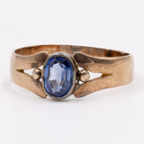 Anello vintage in oro giallo 14k con zaffiro blu sintetico, anni '50