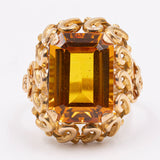 Anello da cocktail in oro giallo 18k con zaffiro arancione sintetico, anni '70