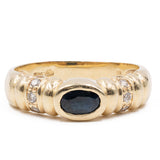 Anello vintage in oro giallo 14k con zaffiro e pietre bianche, anni '70