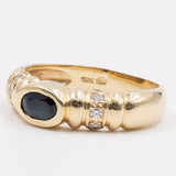 Anello vintage in oro giallo 14k con zaffiro e pietre bianche, anni '70