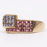 Anello vintage in oro giallo 9k con zaffiri rosa e lilla, anni '80