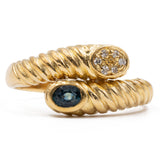 Anello vintage in oro giallo 18K con zaffiro e diamanti, anni '70