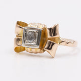 Anello vintage a fiocco in oro giallo 18K con diamante taglio rosa, anni '50