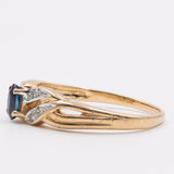 Anello vintage in oro giallo e bianco 9K con zaffiro e diamanti, anni '70